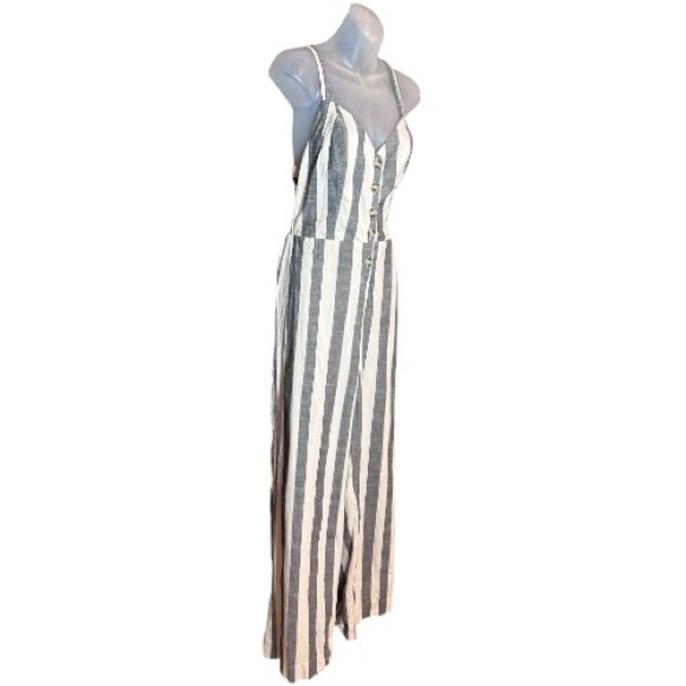 Japna Black Grey/Cream Striped 100% Cotton Jumpsuit, Size M Open Back Tie - Picture 4 of 11